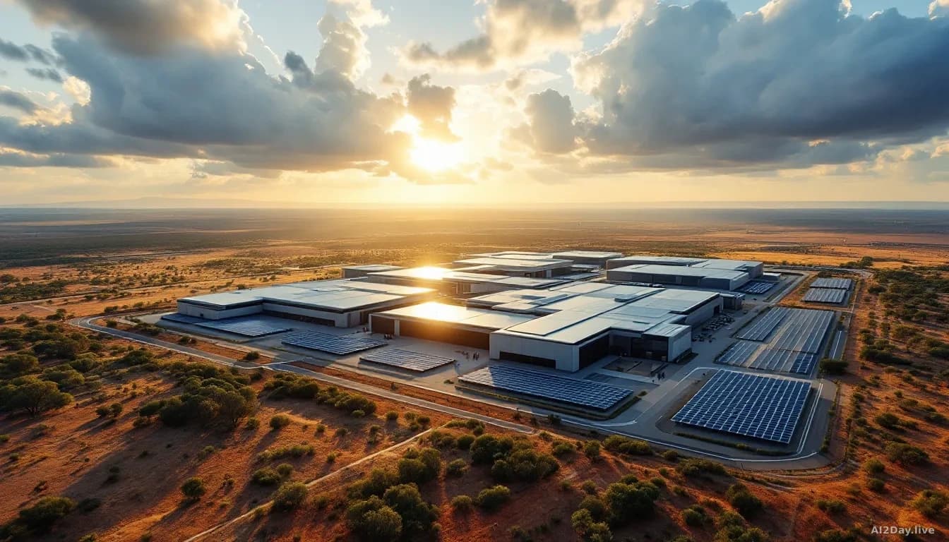 Illustration: a large modern data centre complex in a flat, sun-bleached Australian landscape