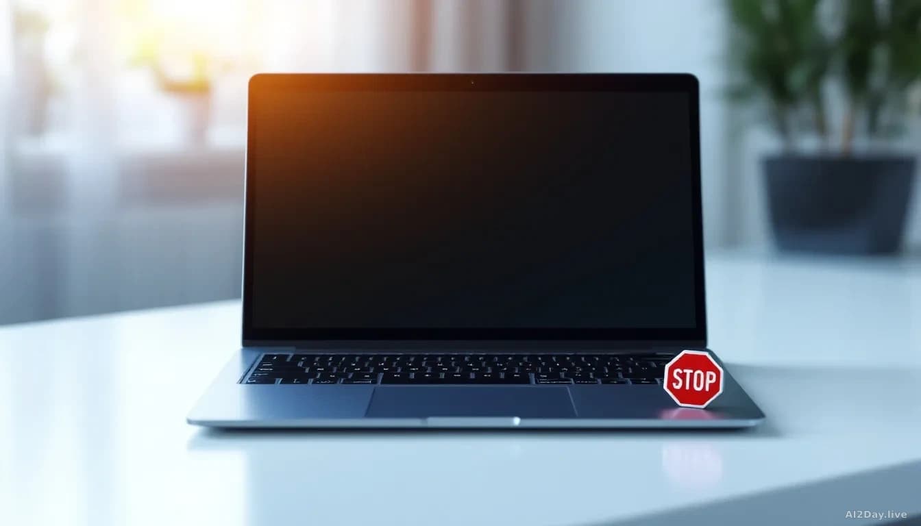 Illustration: A sleek modern laptop open on a clean white desk, screen glowing with soft blue-white light
