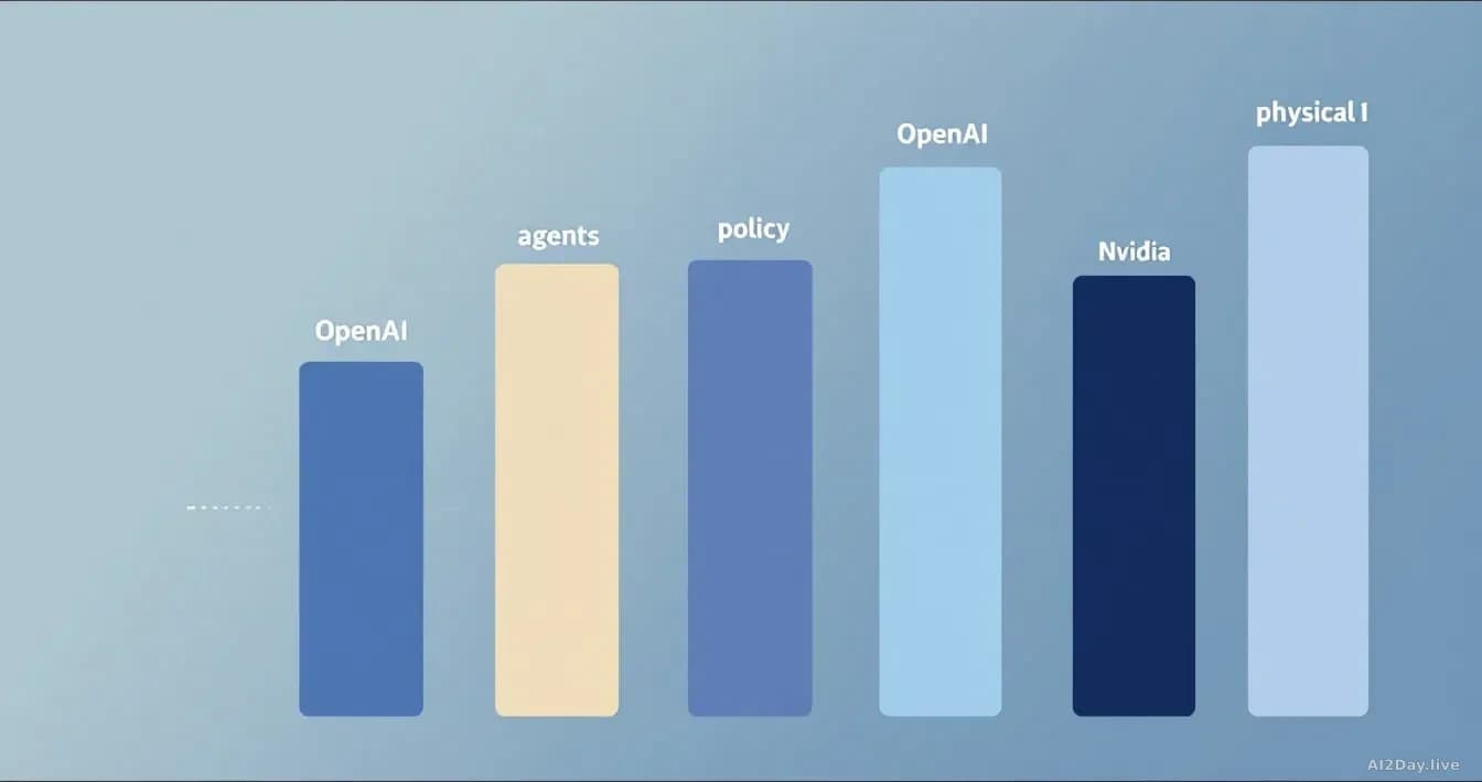 Illustration: five vertical bars of different heights labelled OpenAI, agents, policy, Nvidia, physical AI