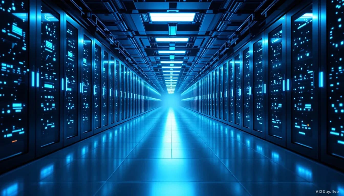 Illustration: A vast, cool-lit data centre floor stretching to the horizon