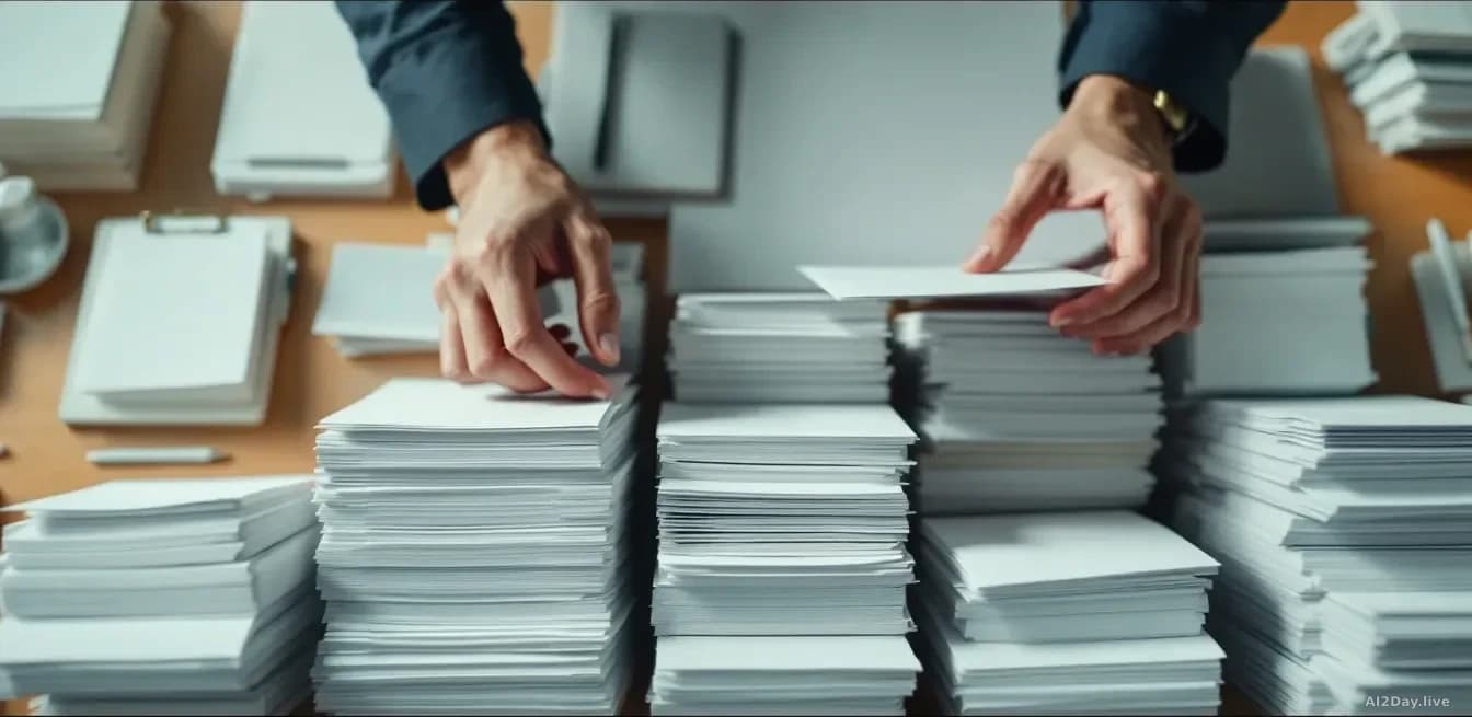 Illustration: A close-up, top-down view of a neat physical desktop with stacks of paper being methodically sorted