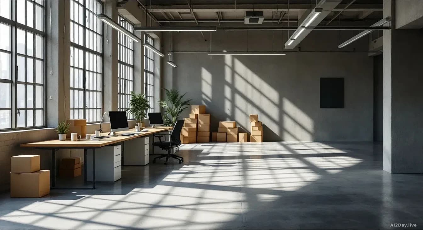 Illustration: a row of empty modern office desks in a stripped-out open-plan startup office