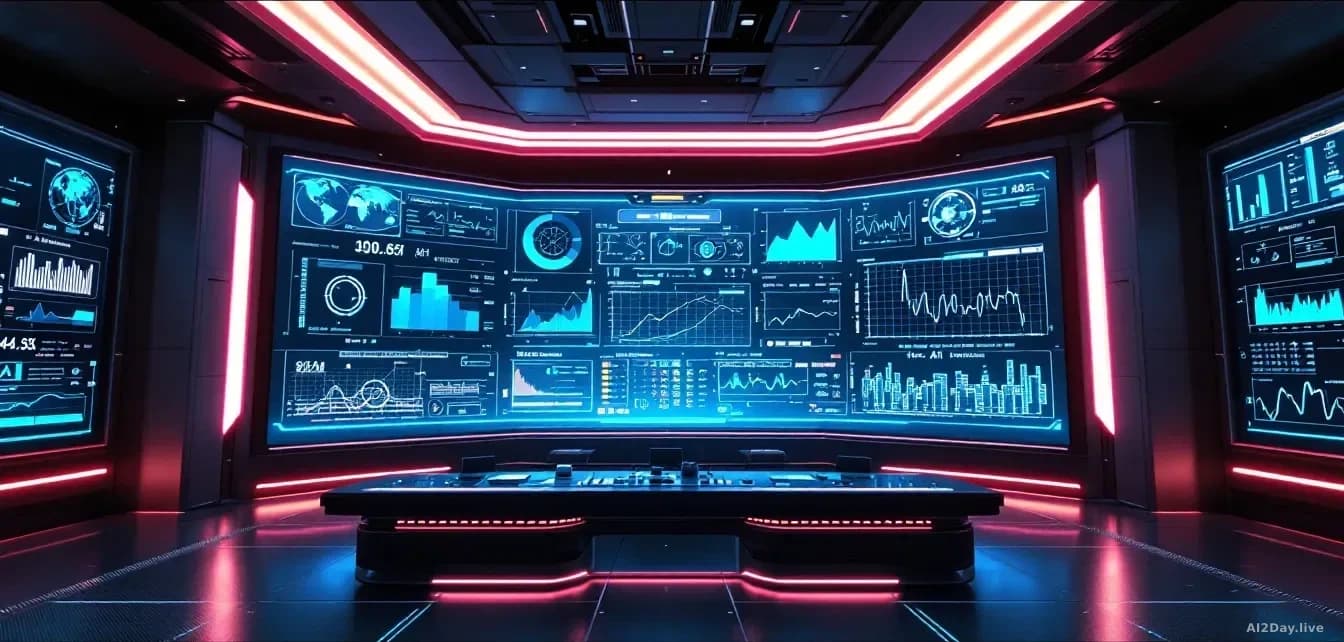 Illustration: A futuristic control room with screens displaying AI data and complex algorithms