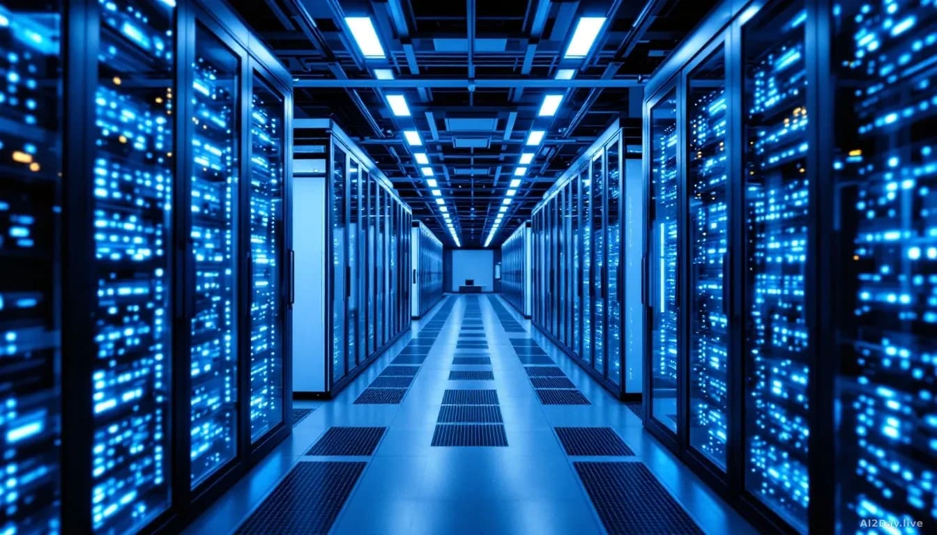 Illustration: rows of illuminated blue and white server racks receding into the distance