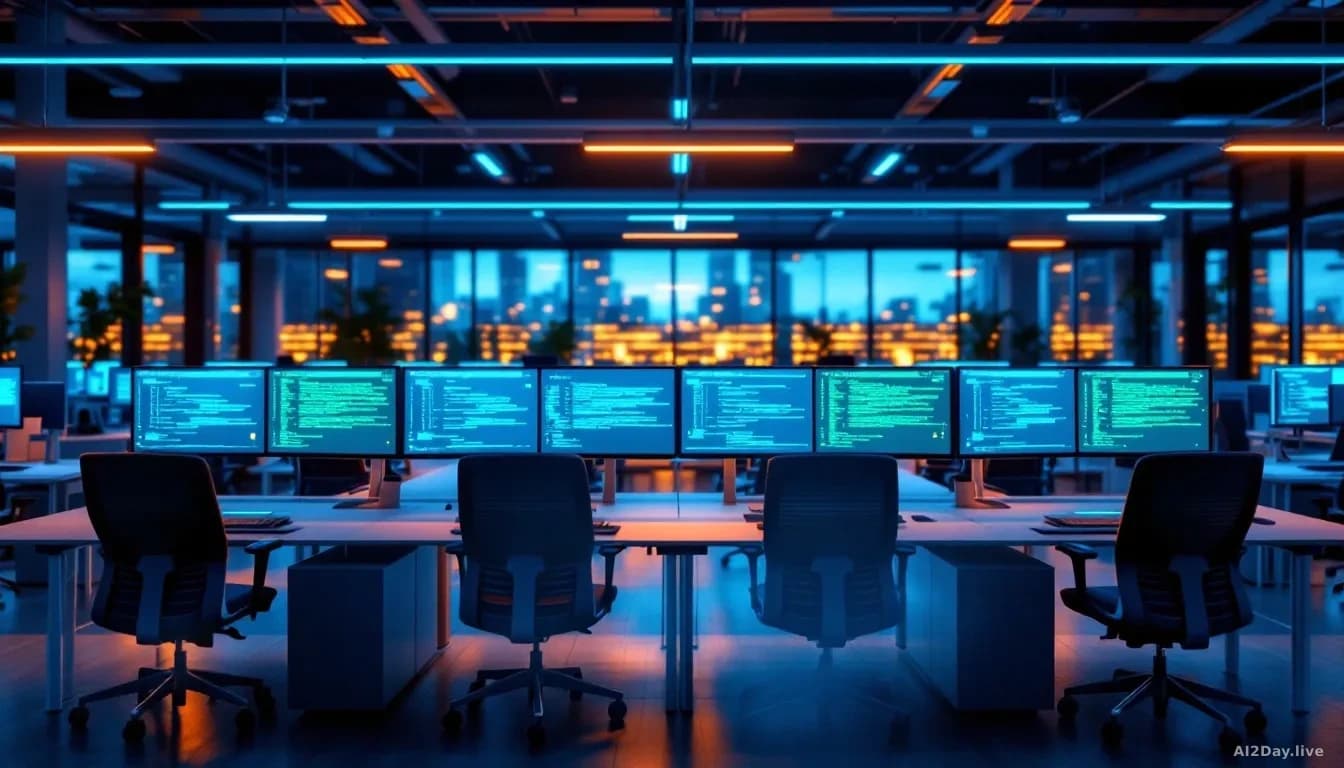 Illustration: a modern open-plan office workspace at dusk, shot from slightly above
