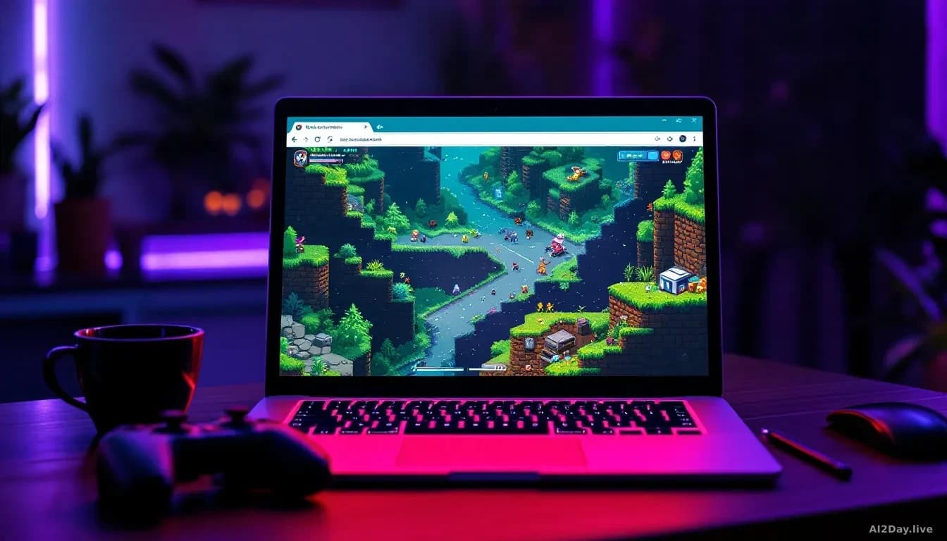 Illustration: A glowing laptop screen on a dark desk showing a colourful pixelated top-down shooter game in a browser window