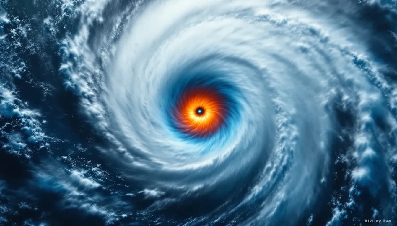 Illustration: a large Atlantic hurricane with a clearly defined eye and spiral rain bands