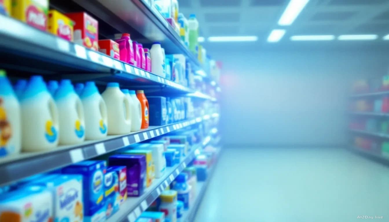 Illustration: The shelf is sharply lit with fluorescent supermarket