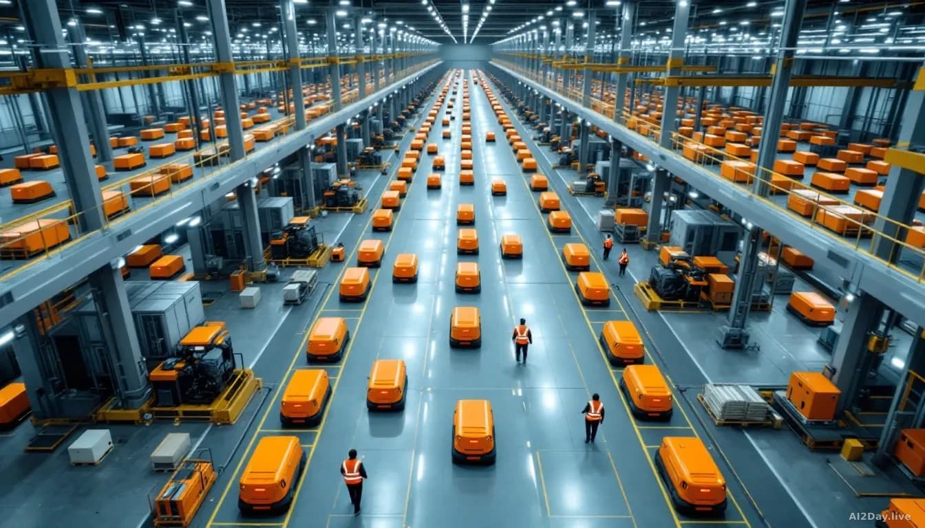 Illustration: A vast modern warehouse interior photographed from above at a slight angle