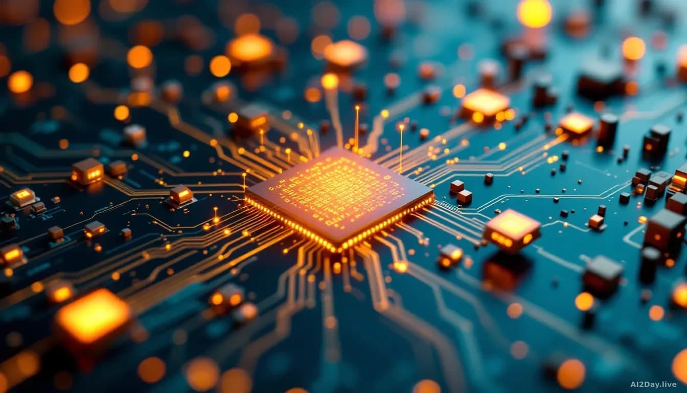 Illustration: Close-up, editorial photograph of a printed circuit board with clusters of illuminated data traces branching
