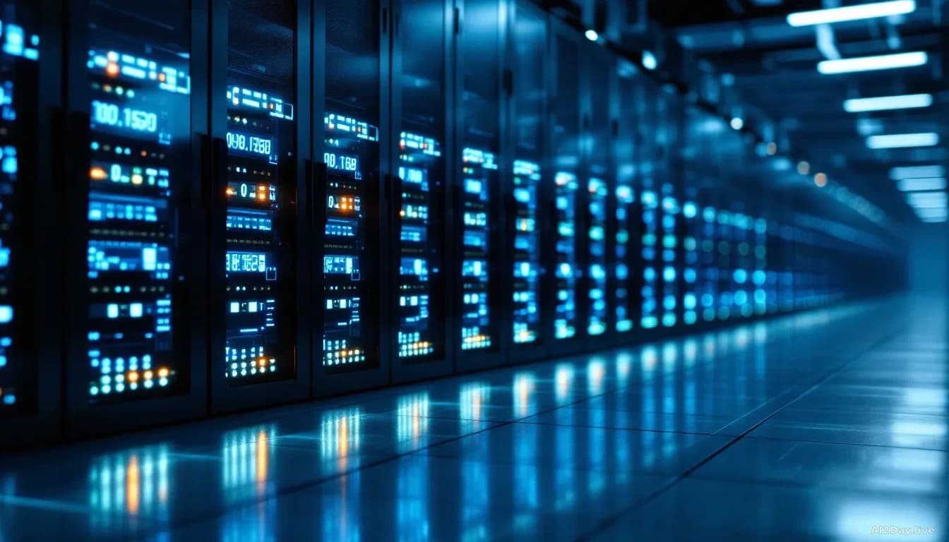 Illustration: a bank of glowing industrial server racks in a dimly lit data centre
