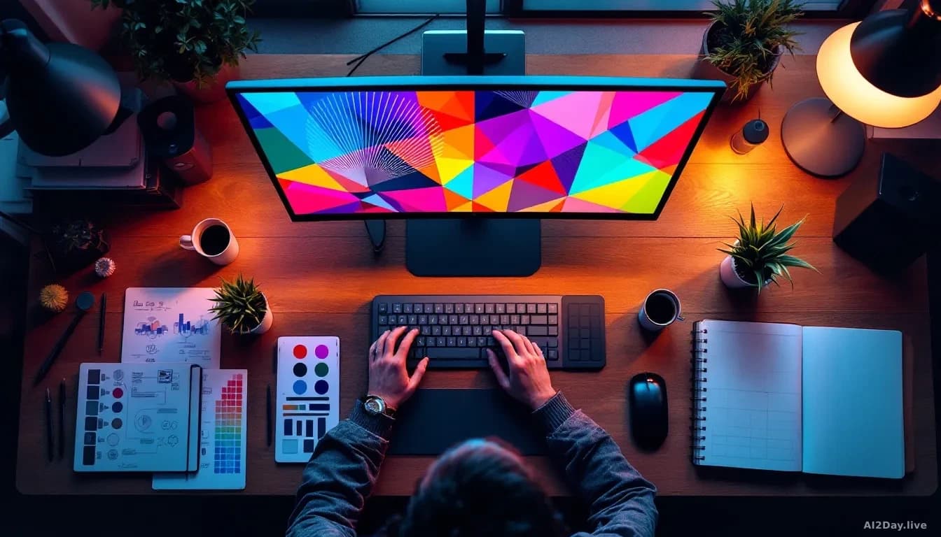 Illustration: a graphic designer's desk with a large monitor displaying a vibrant AI-generated illustration divided