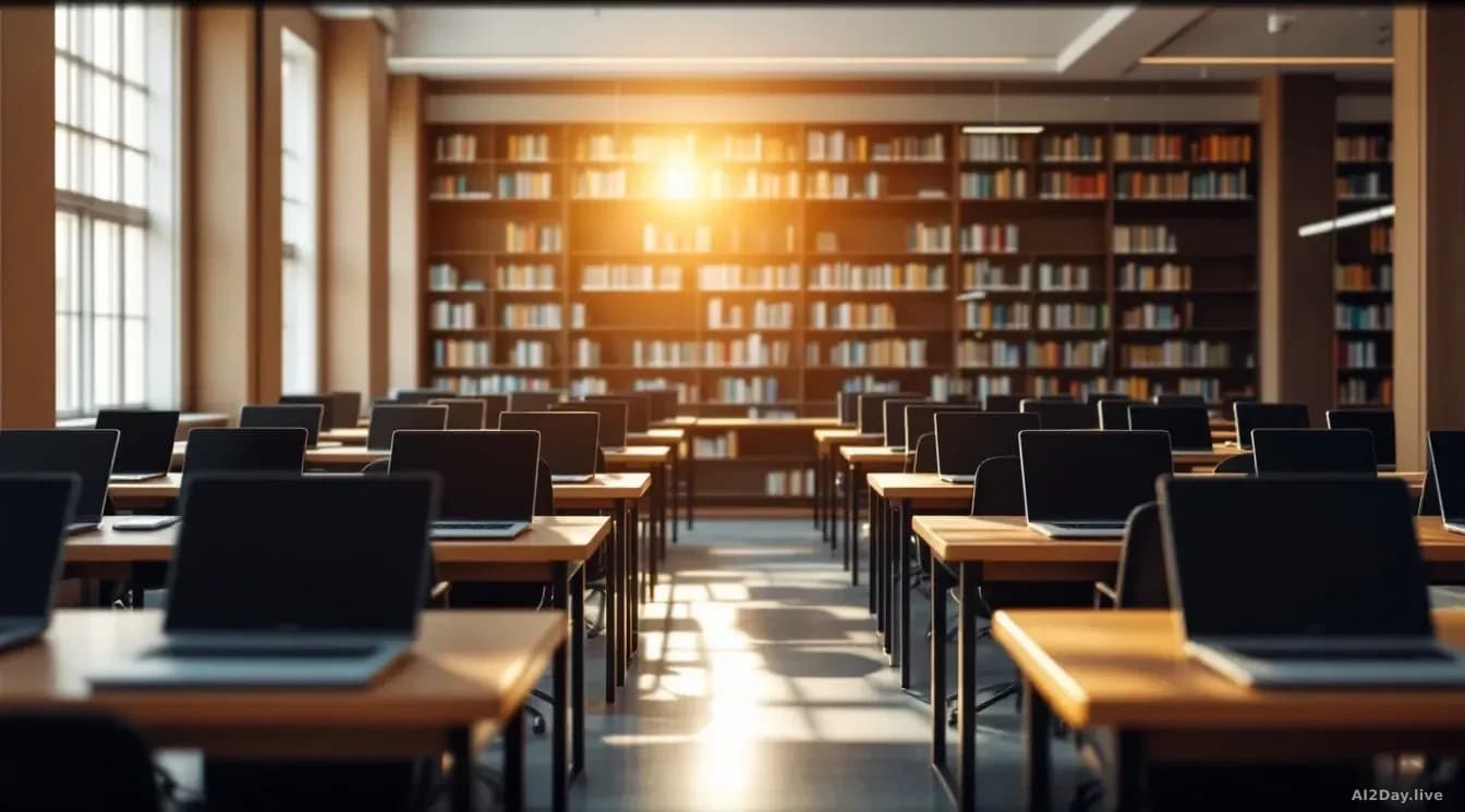 Illustration: A modern university library study space photographed in warm afternoon light