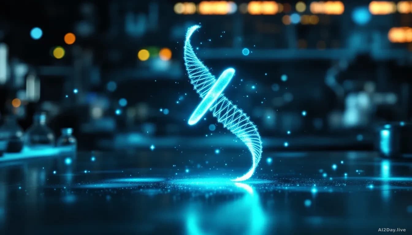 Illustration: a glowing translucent 3D protein ribbon structure floating above a dark lab bench