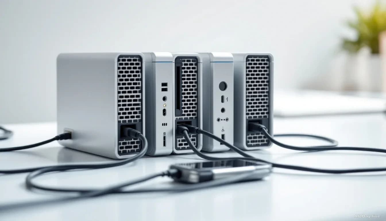 Illustration: Four identical compact silver desktop computers arranged in a tight cluster on a clean white desk