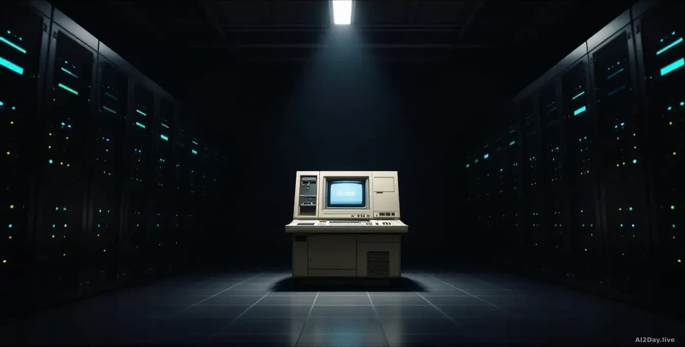 Illustration: A large vintage mainframe computer console sits in a dark museum hall