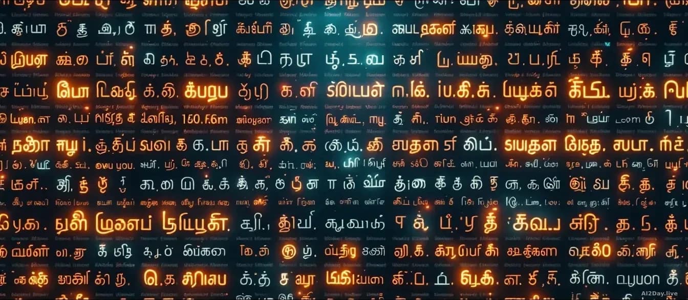 Illustration: A vast grid of glowing script characters from multiple South Asian writing systems, including Devanagari
