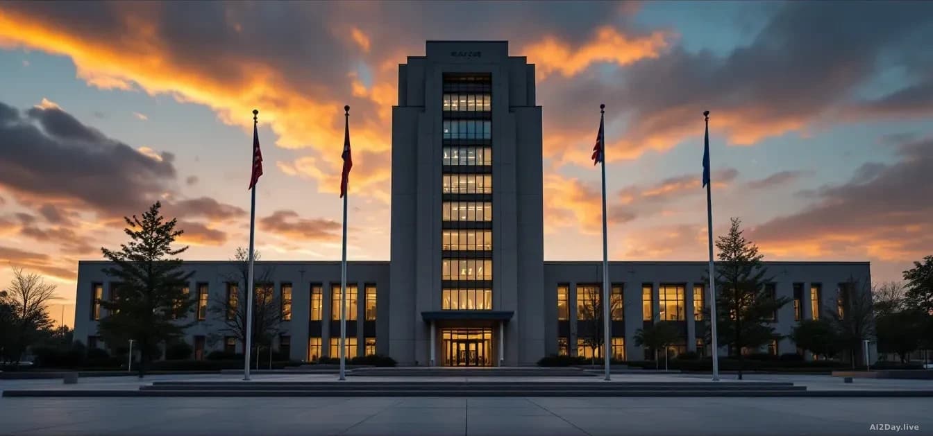 Illustration: Exterior of a modern government law enforcement building at dusk