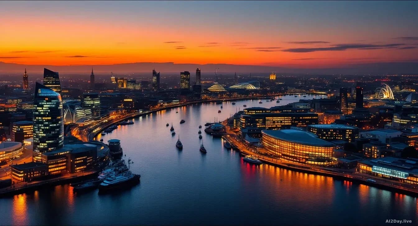 Illustration: Liverpool waterfront at dusk, the River Mersey reflecting the amber glow of city lights