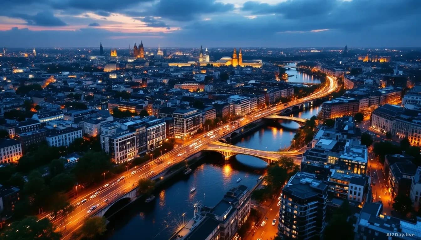 Illustration: a modern European city at dusk, streets lit with warm amber streetlights