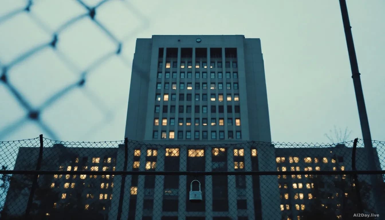 Illustration: A large brutalist government building at dusk, its windows lit from inside