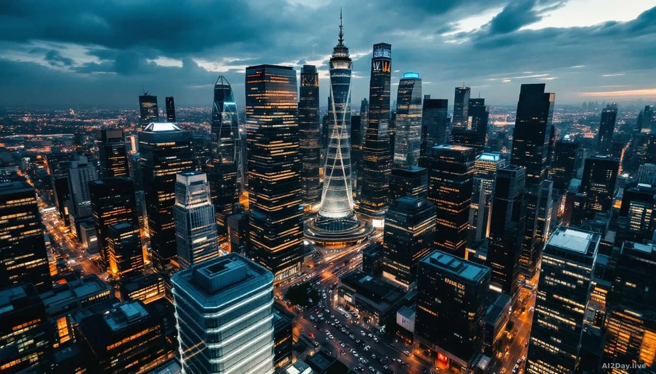Illustration: a dense modern city financial district at dusk, glass towers reflecting orange and blue light