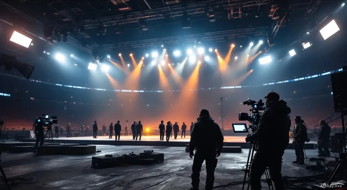 Illustration: A professional film set at night with large stadium