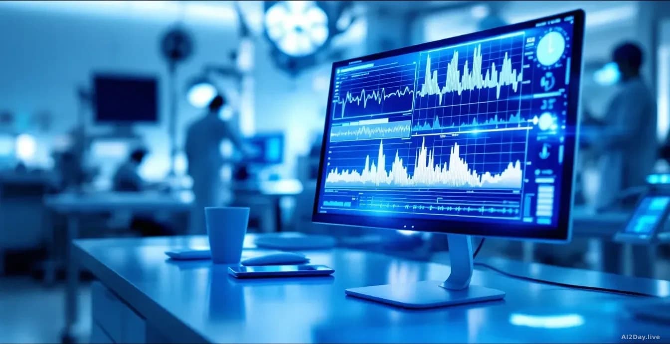 Illustration: A glowing computer monitor displaying abstract graphs and medical waveforms on a sterile hospital desk