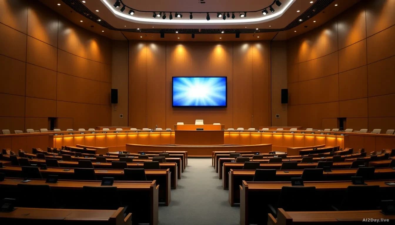 Illustration: a large modern city council chamber interior, rows of curved wooden desks facing a raised panel bench