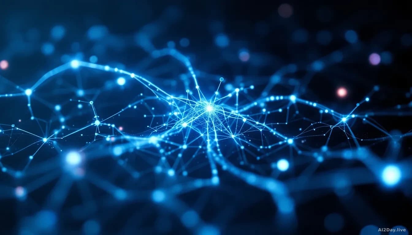 Illustration: A glowing neural network rendered as a three-dimensional lattice of blue and white nodes floating above a dark