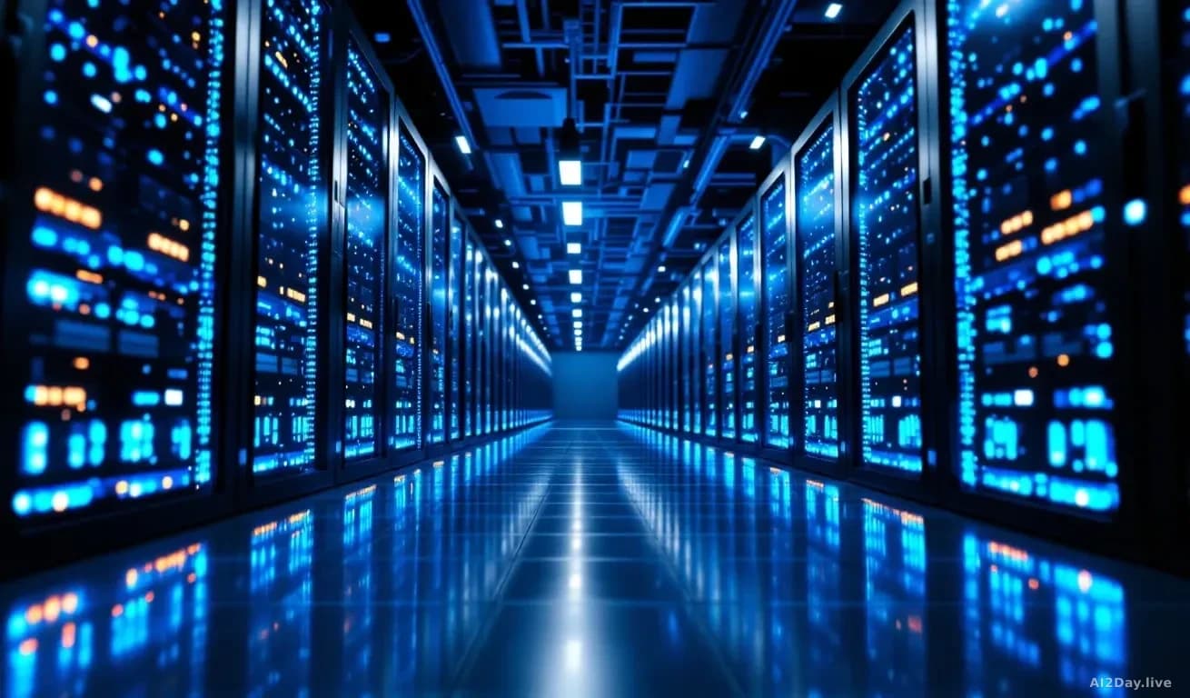 Illustration: A vast server room with row upon row of glowing blue rack-mounted computers stretching to a vanishing point