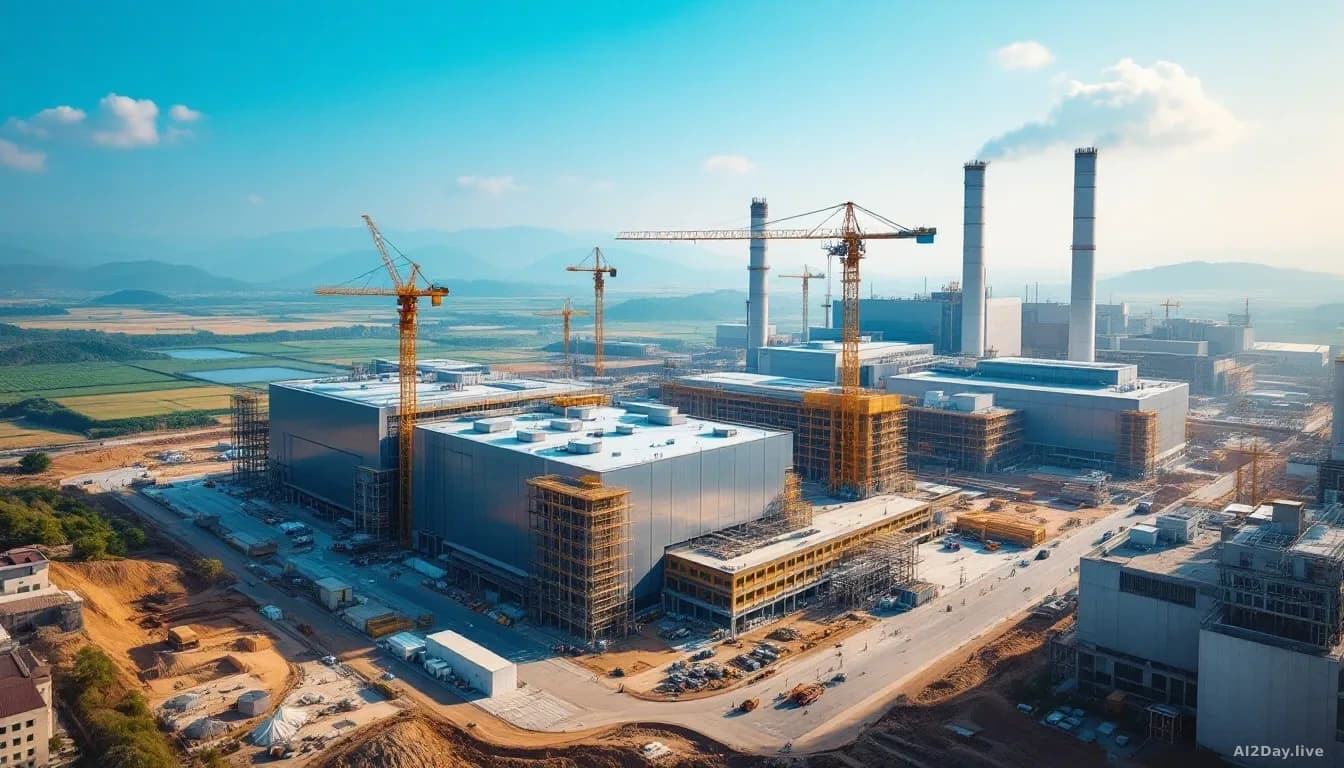 Illustration: a vast industrial semiconductor manufacturing campus in South Korea at midday