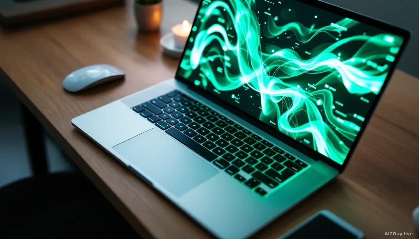 Illustration: a sleek silver laptop computer on a wooden desk