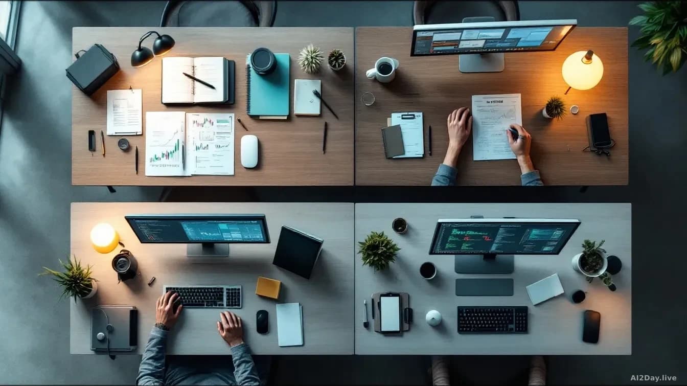 Illustration: four distinct workspaces arranged in a 2x2 grid within a single flat-lay