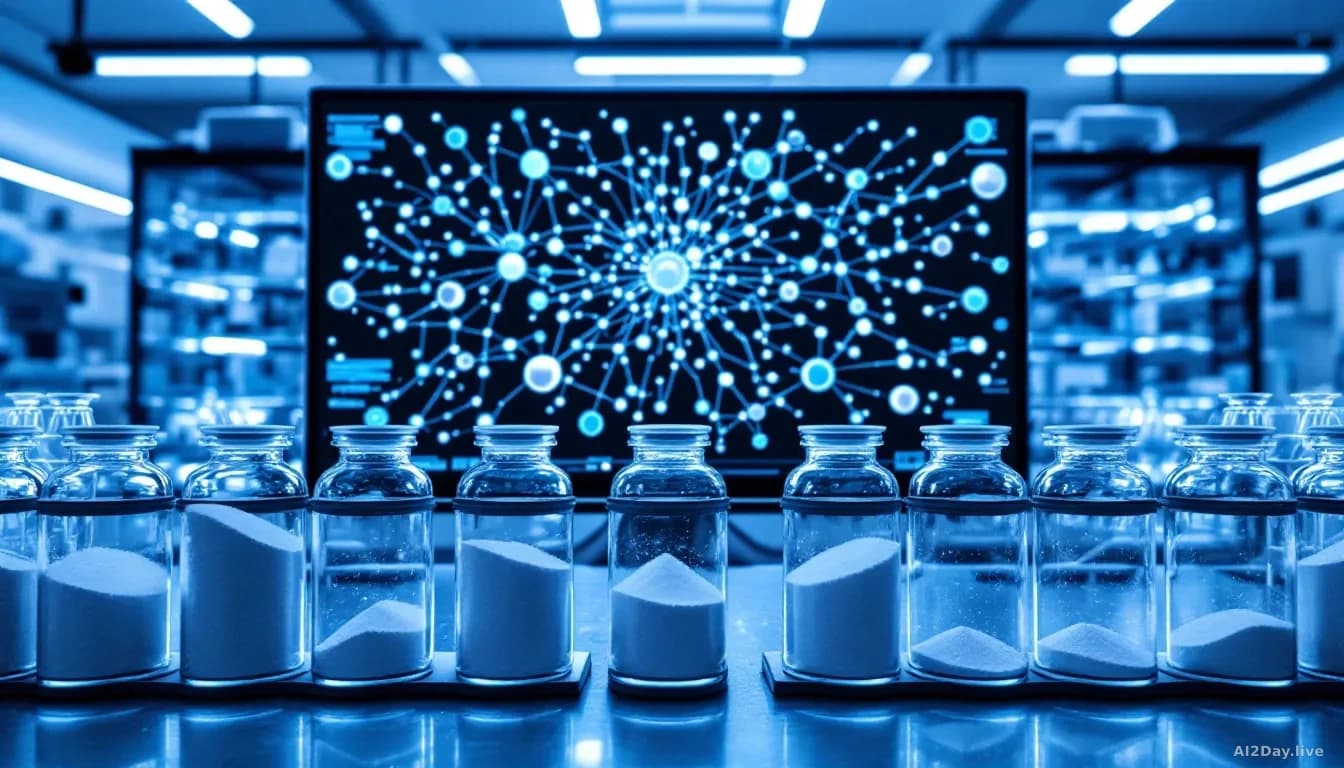 Illustration: A modern chemistry laboratory with rows of glass vials containing grey and white powders