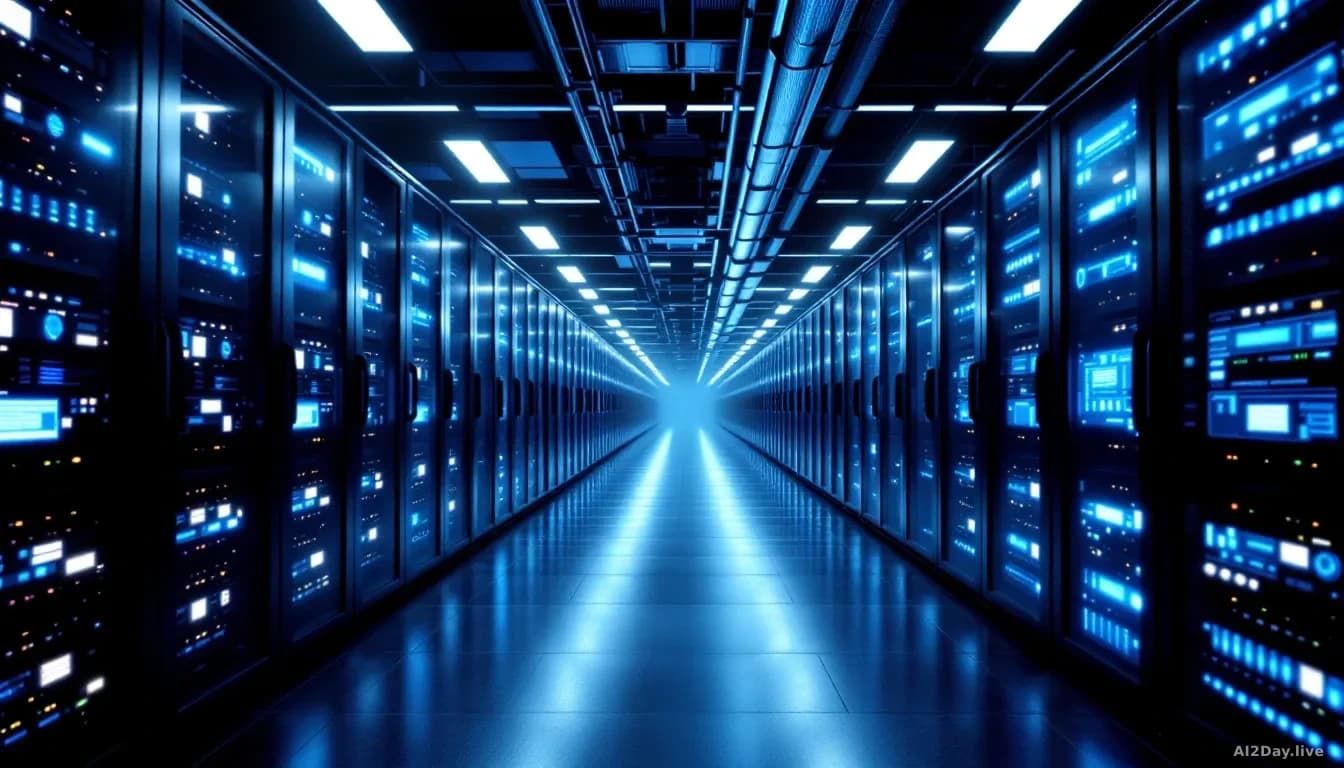 Illustration: A vast, dimly lit server hall with long rows of black rack-mounted computers glowing blue and white