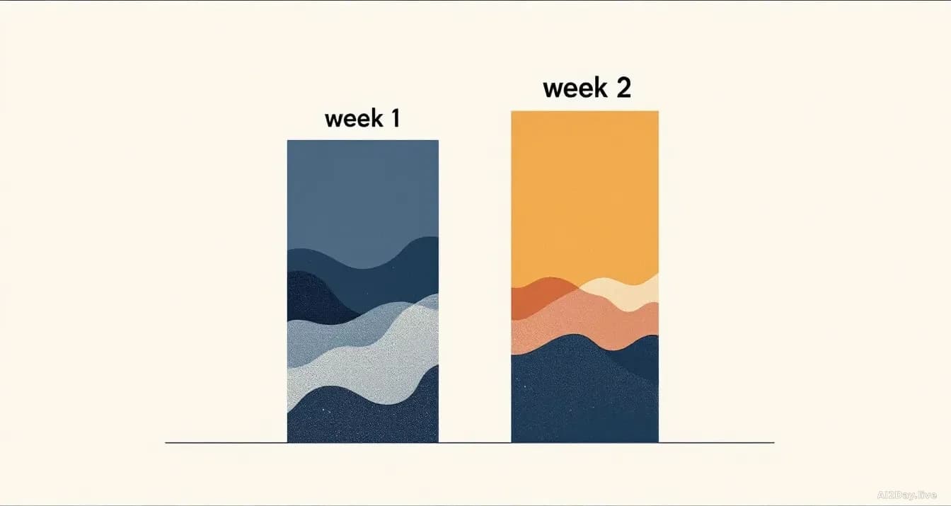 Illustration: Abstract minimal bar chart on off-white background, two bars labelled 'week 1' and 'week 2'