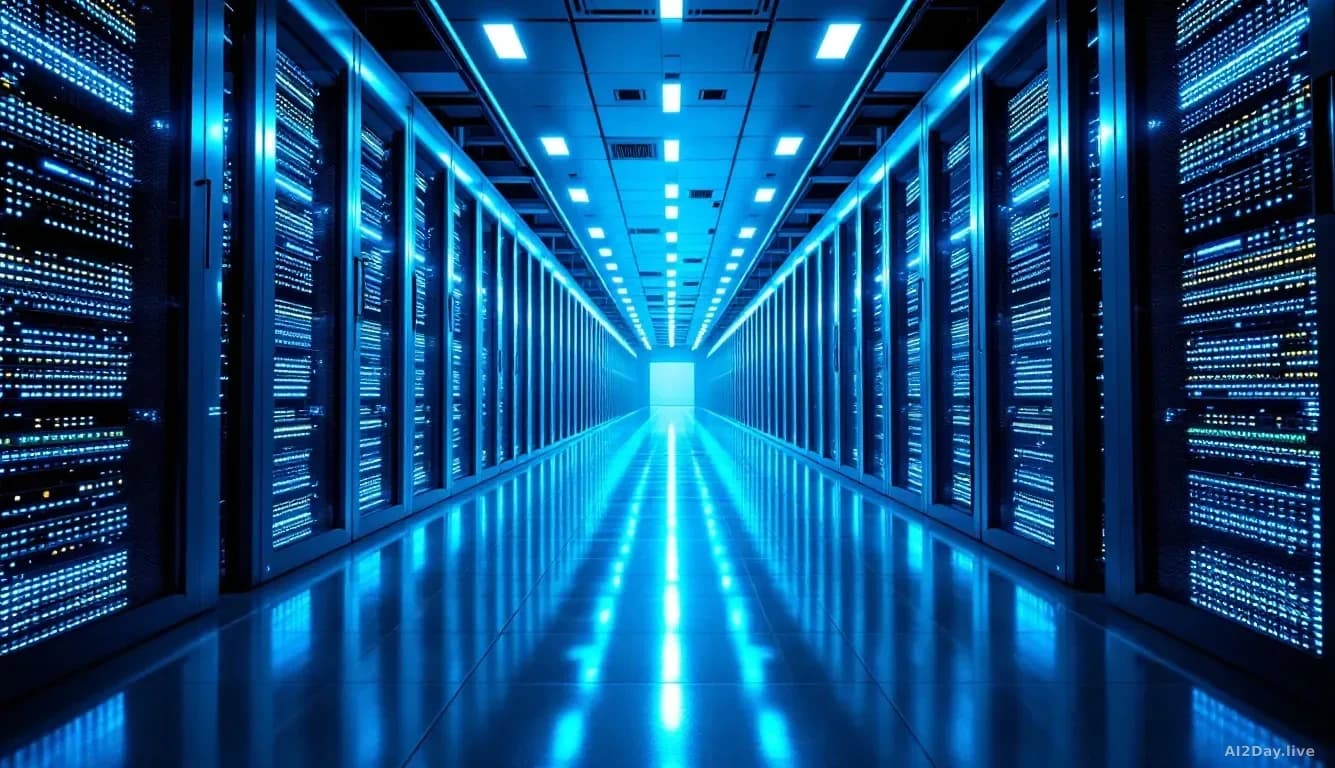 Illustration: A vast modern server room shot from floor level looking down a long corridor of glowing blue and silver