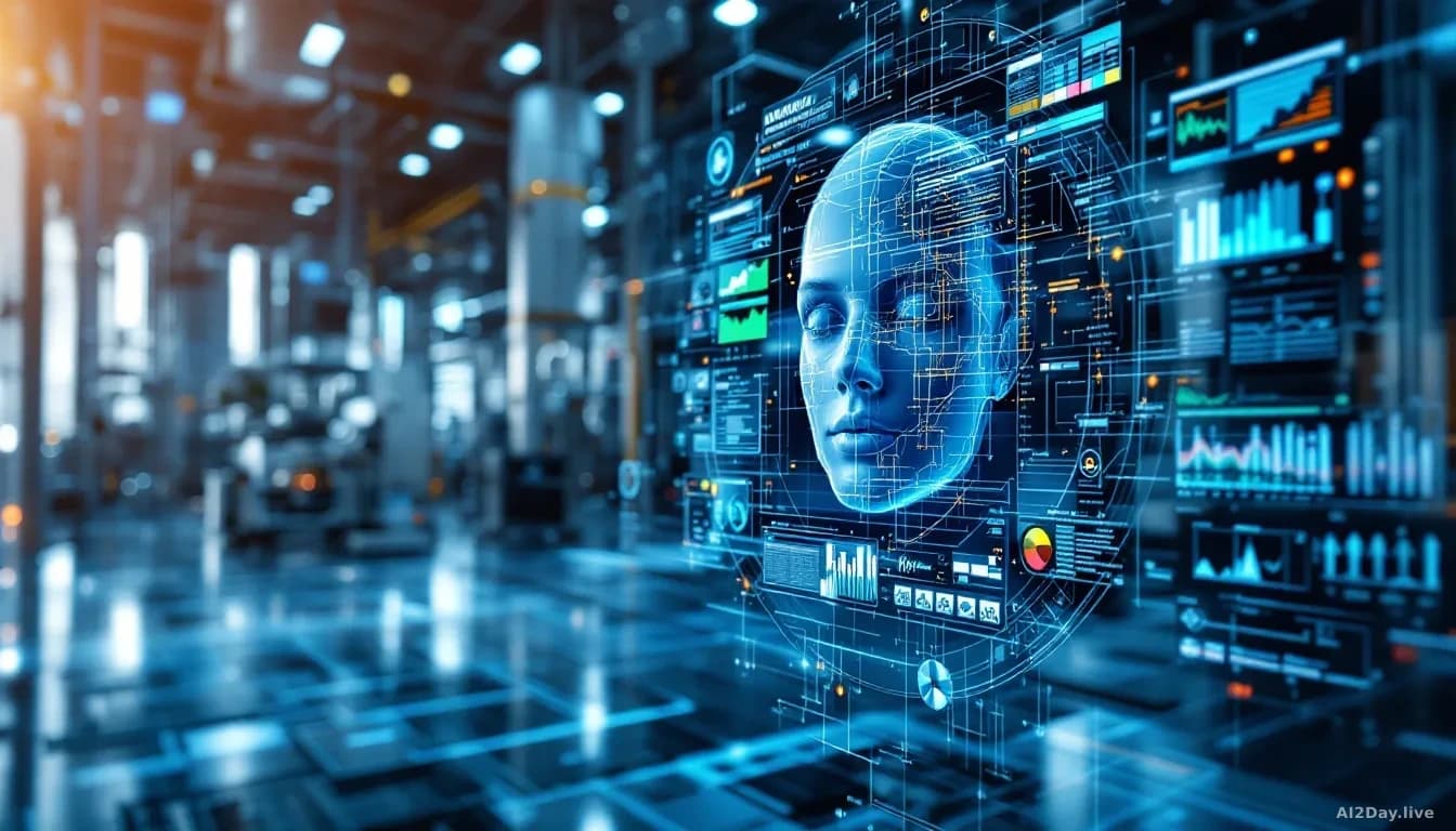 Illustration: AI-driven engineering simulation with digital models and data visualizations in a modern industrial setting