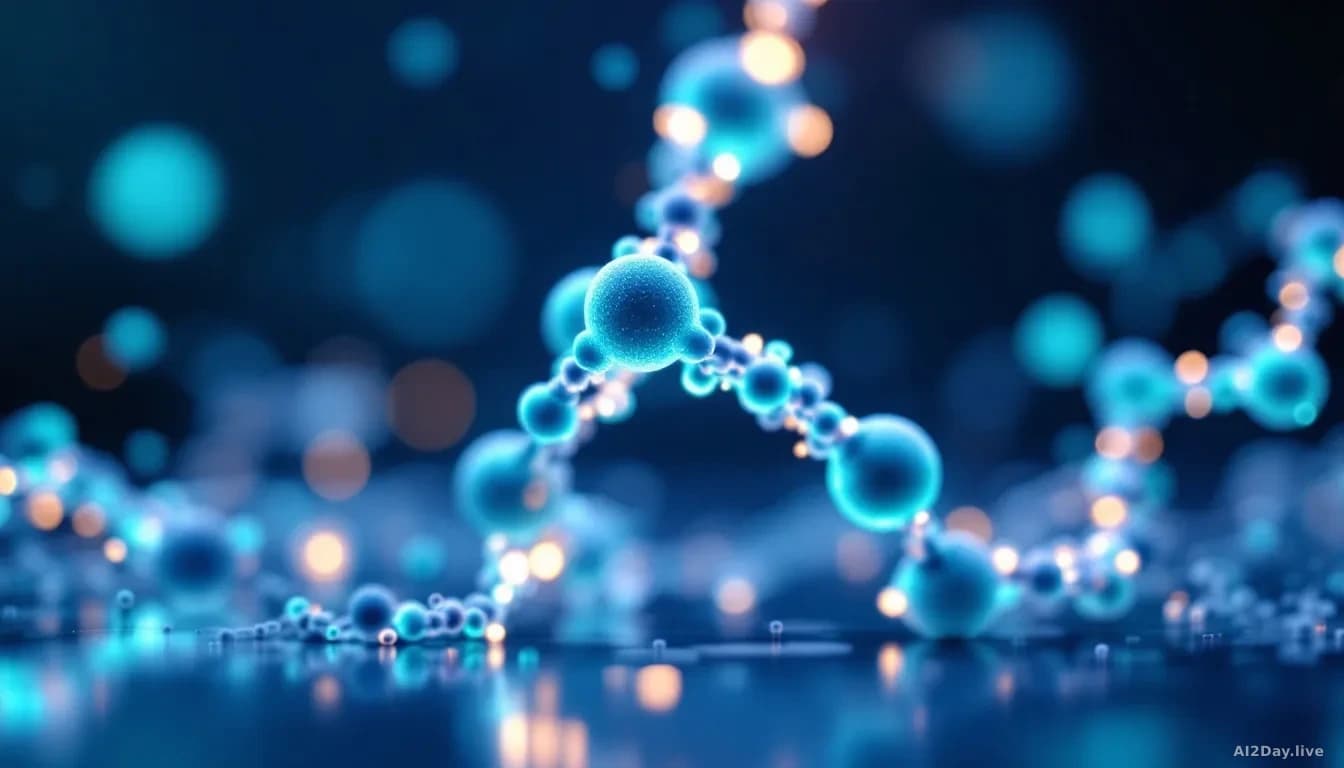 Illustration: a glowing three-dimensional protein molecule rendered in translucent blue and teal