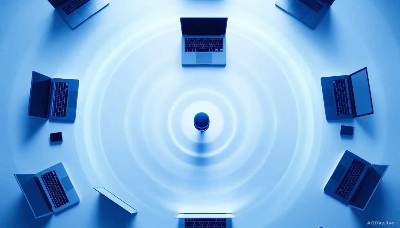 Illustration: A close-up, top-down view of a conference table scattered with open laptops, a single microphone in the centre