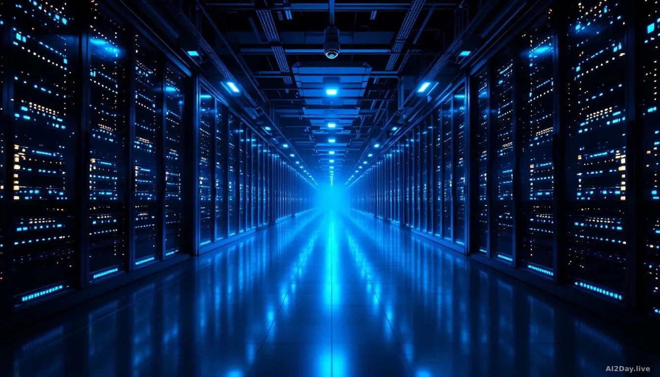 Illustration: A vast open-plan corporate server room at night, bathed in cool blue light