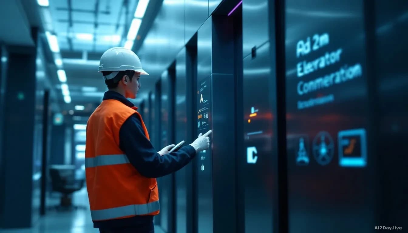 Illustration: AI agent assisting a technician with elevator maintenance, modern office building, digital interface