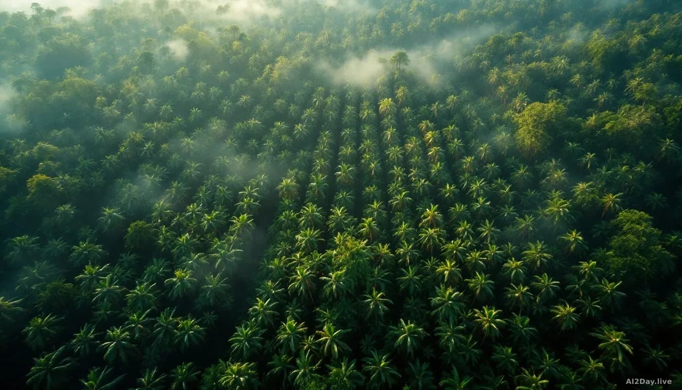 Illustration: a tropical landscape at the boundary between dense old-growth rainforest and neat rows of oil palm plantation