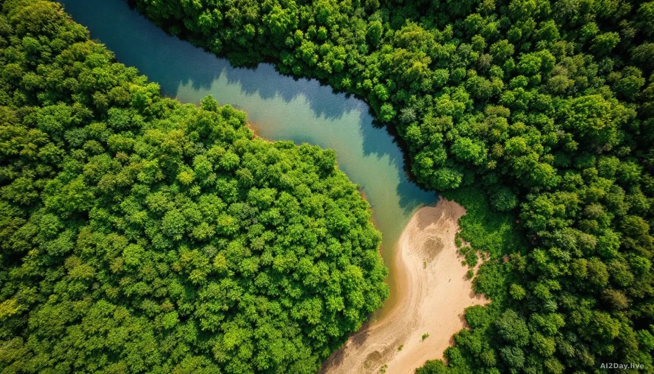 Illustration: a winding Amazonian river cutting through dense green jungle