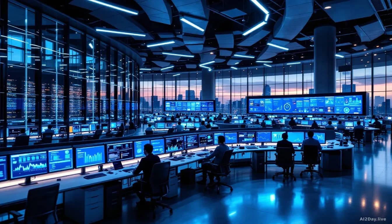 Illustration: a large modern financial operations floor at dusk