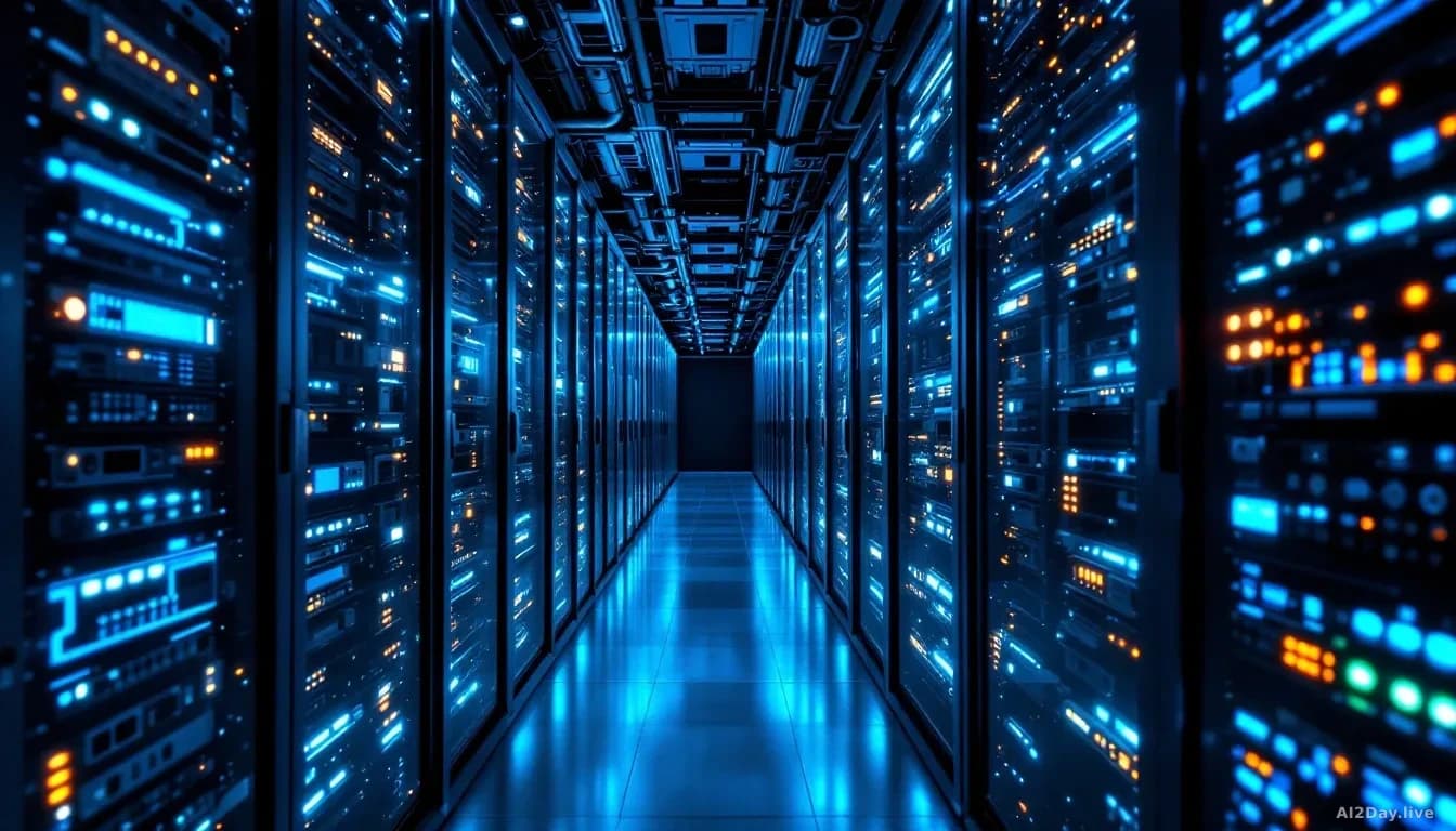 Illustration: A dense server rack filled with glowing circuit boards and cooling pipes in a modern data centre