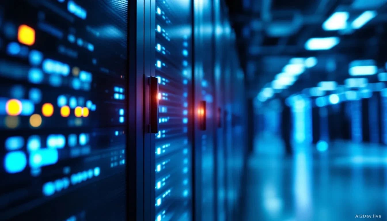 Illustration: A large server room with rows of illuminated rack servers