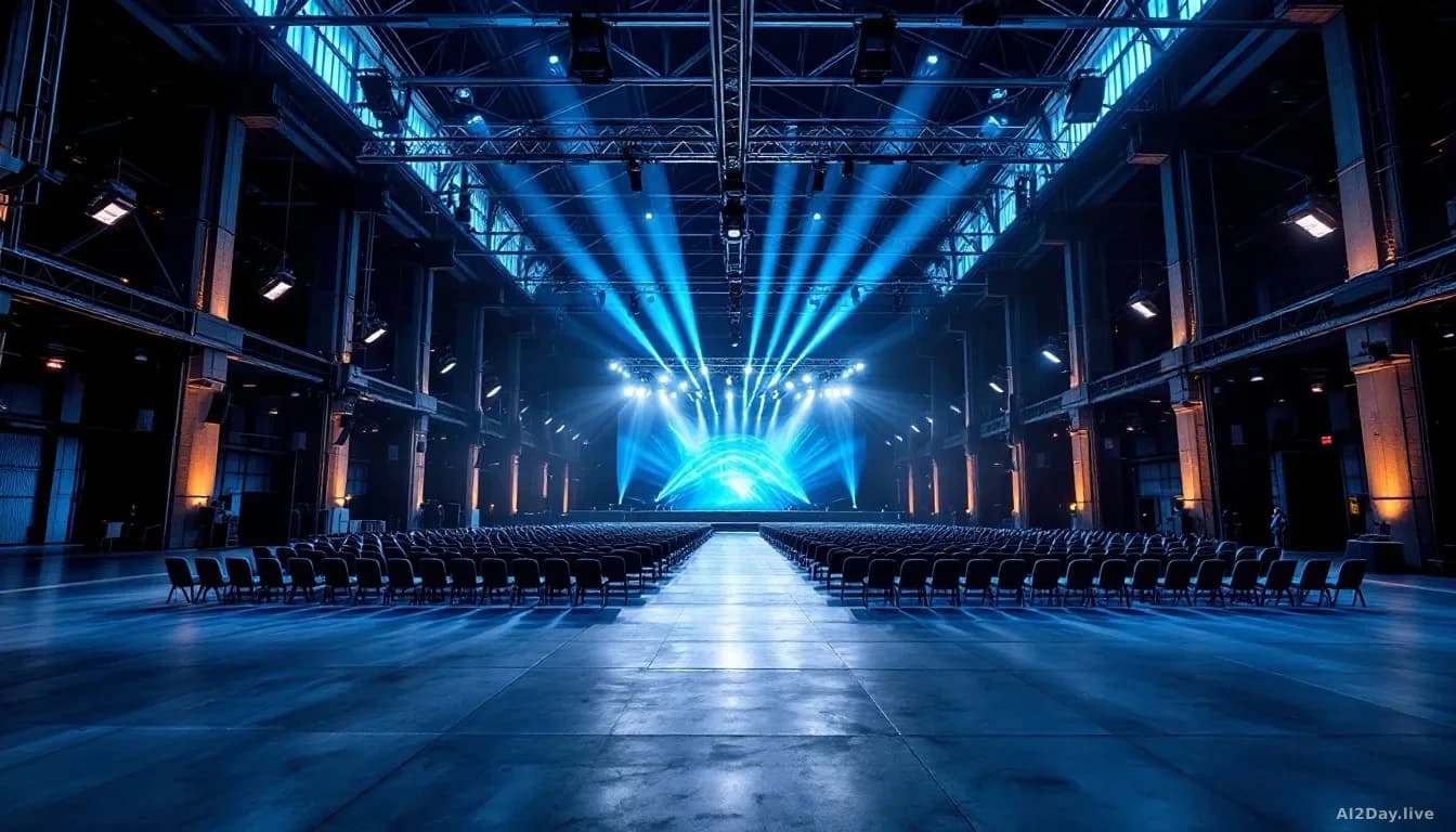 Illustration: Interior of a vast converted industrial power station repurposed as a conference venue