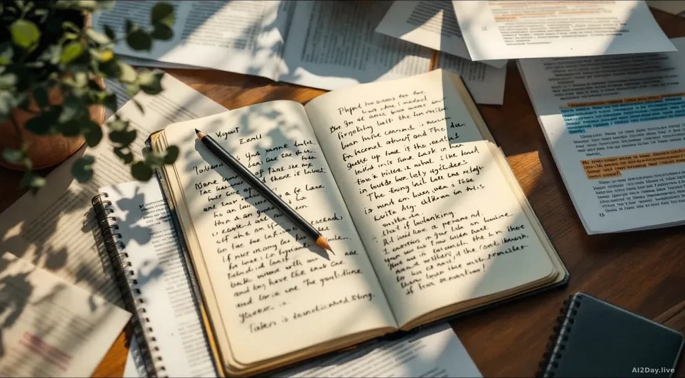 Illustration: a wooden desk with an open notebook covered in handwritten notes